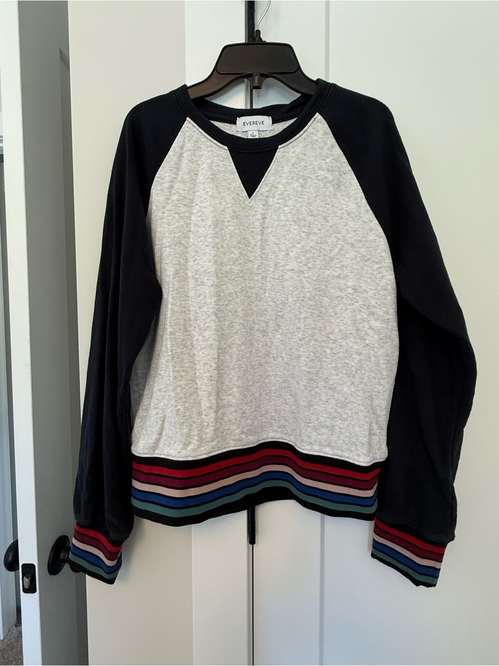Evereve Men’s Raglan Sweatshirt in Black and Light Gray with Striped Hem